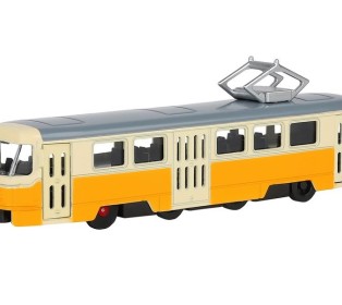 Трамвай "Автопанорама", желтый, 1/90, свет, звук, инерция, в/к 22*13,5*5,8 см