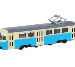 Трамвай "Автопанорама", синий, 1/90, свет, звук, инерция, в/к 22*13,5*5,8 см