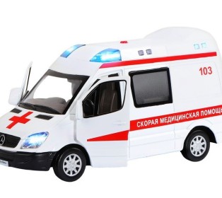 Машина "АВТОПАНОРАМА" Mercedes Sprinter "Скорая помощь", белый, 1/32, в/к 18*9*13,5 см