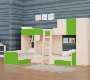 Трехместная кровать ТРИО/2 Дуб молочный/Салатовый