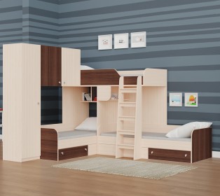 Трехместная кровать ТРИО/1 Дуб молочный/Орех